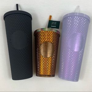 3 Starbucks Tumblers Black, Lilac,(24oz), Copper (16oz) Studded Cold Cup NEW